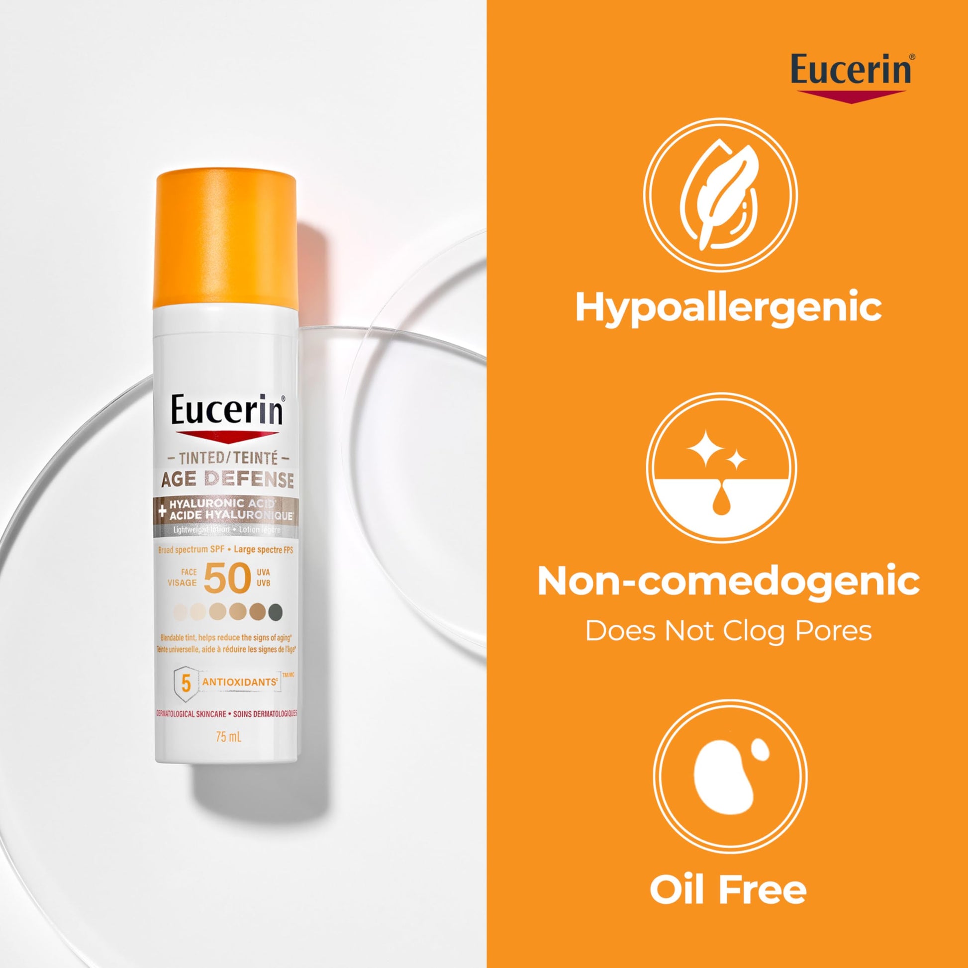 Eucerin Tinted Age Defense SPF 50 Face Sunscreen, Daily Face Sunscreen SPF 50 With Hyaluronic Acid and Antioxidants, Body SPF 50 Lotion with UVA-UVB Sun Protection, Fragrance Free & Non Greasy, 50 ml - Available at All In One Marketplace Canada