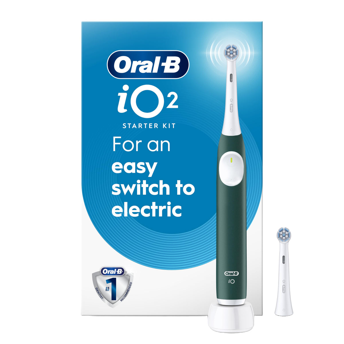 Oral-B iO2 Electric Toothbrush, for an Easy Switch to Electric, Forest Green, Rechargeable Electric Toothbrushes, iO Series 2 Starter Kit with 1 Power Toothbrush and 2 Brush Heads