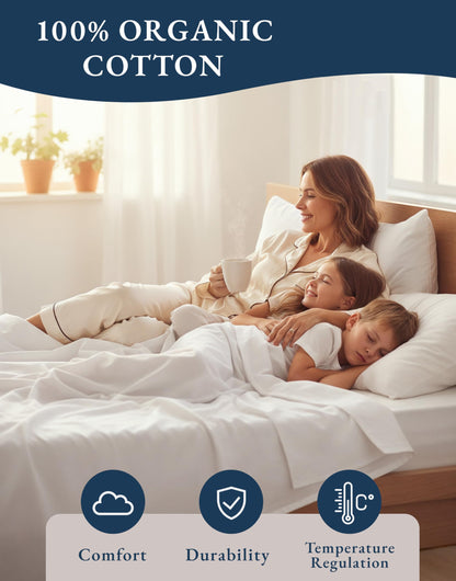 Lane Linen 100% Organic Cotton Queen Sheet Set, 4-Piece Percale Bed Sheets for Queen Bed - Soft, Breathable, Hypoallergenic, Deep Pocket Fits Mattress Up to 15" Deep, Hotel Quality Sheets - White