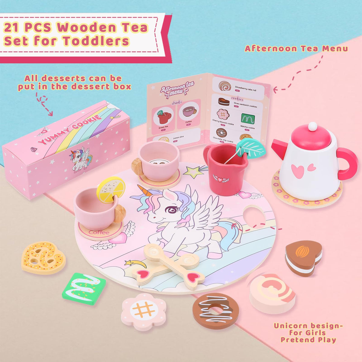 LOYO Unicorn Wooden Tea Party Set, Pretend Play Toddler Girl Toys Ages 3-5 🍁 All In One Marketplace Canada