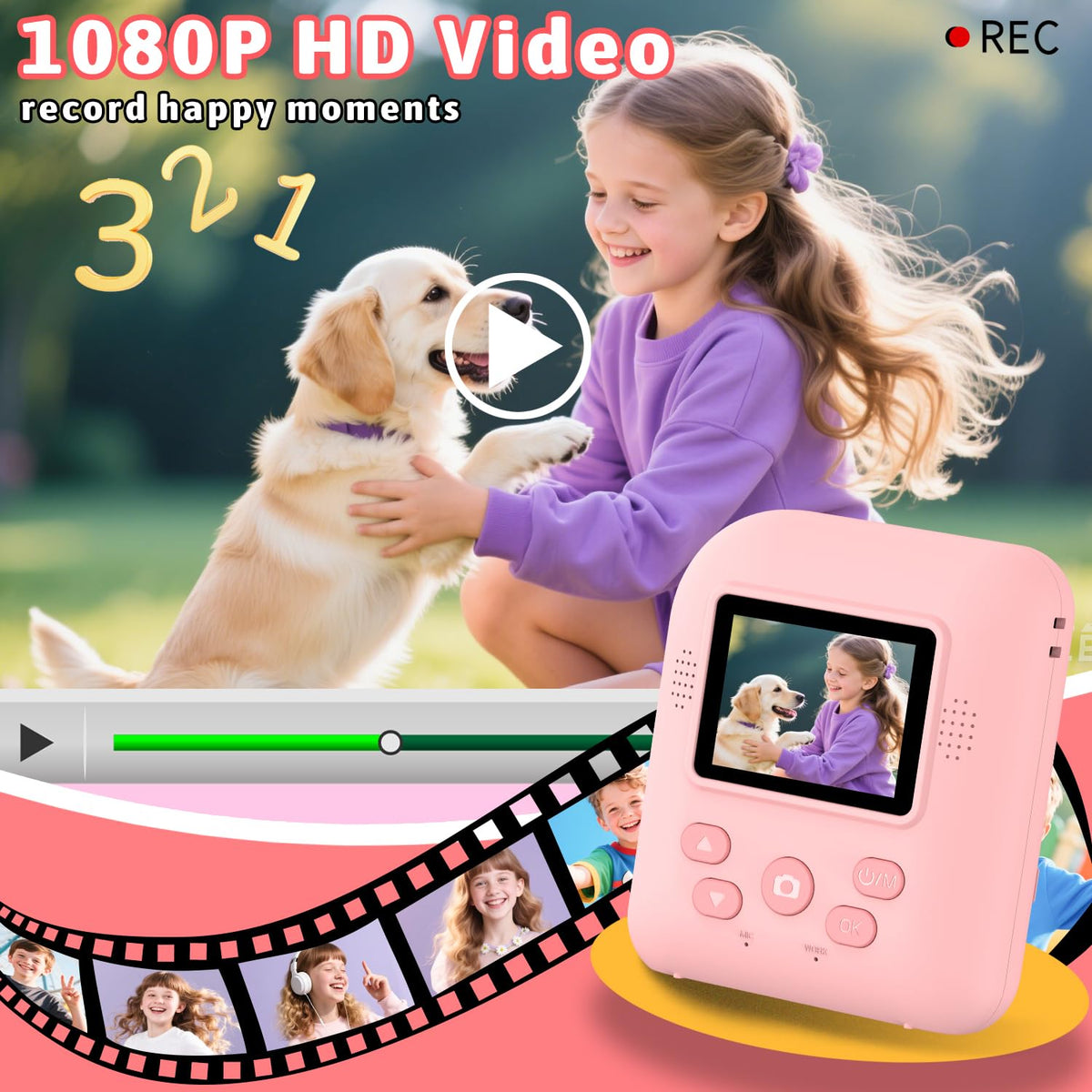 Kids Instant Print Camera Toys,1080P HD Toddler Digital Video Camera,Christmas Birthday Gifts for Girls Boys Age 3-12 Year Old - 32G SD Card Included (Pink) 🍁 All In One Marketplace Canada