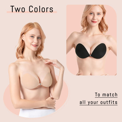 GKHWON Adhesive Bra Strapless Backless Invisible Push Up Sticky Bra with Silicone Nipple Covers Reusable Beige+Black A
