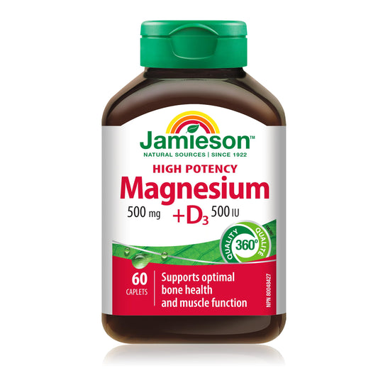 Jamieson High Potency Magnesium 500 mg with Vitamin D3 500 IU, High Absorption, 5 Magnesium Sources, Supports Bone Health and Muscle Function. Vegetarian, Non-GMO, Gluten-Free, 60 Caplets, Proudly Canadian - Available at All In One Marketplace Canada