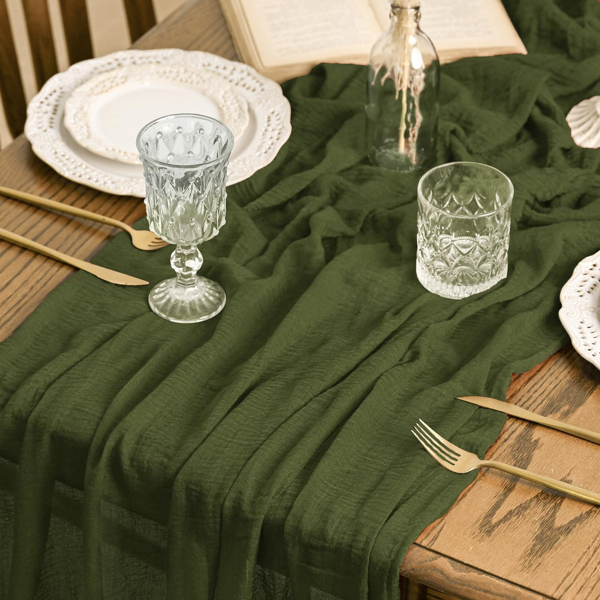 Artoid Mode Boho Cheesecloth Gauze Olive Green Wedding Table Runner, 300 cm Seasonal Fabric Kitchen Dining Holiday Table Decor for Home Party Indoor 🍁 All In One Marketplace Canada