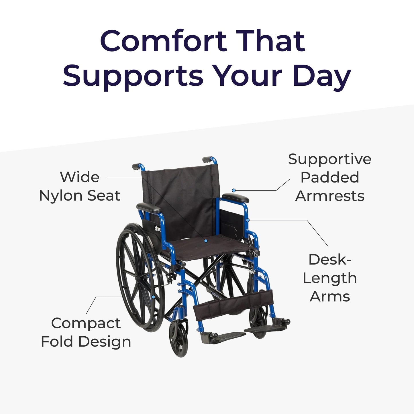 Drive Medical Single Axle Blue Streak Wheelchair, Flip Back Desk Arm, Swing Away Footrests, 18", 1 Count Drive Medical