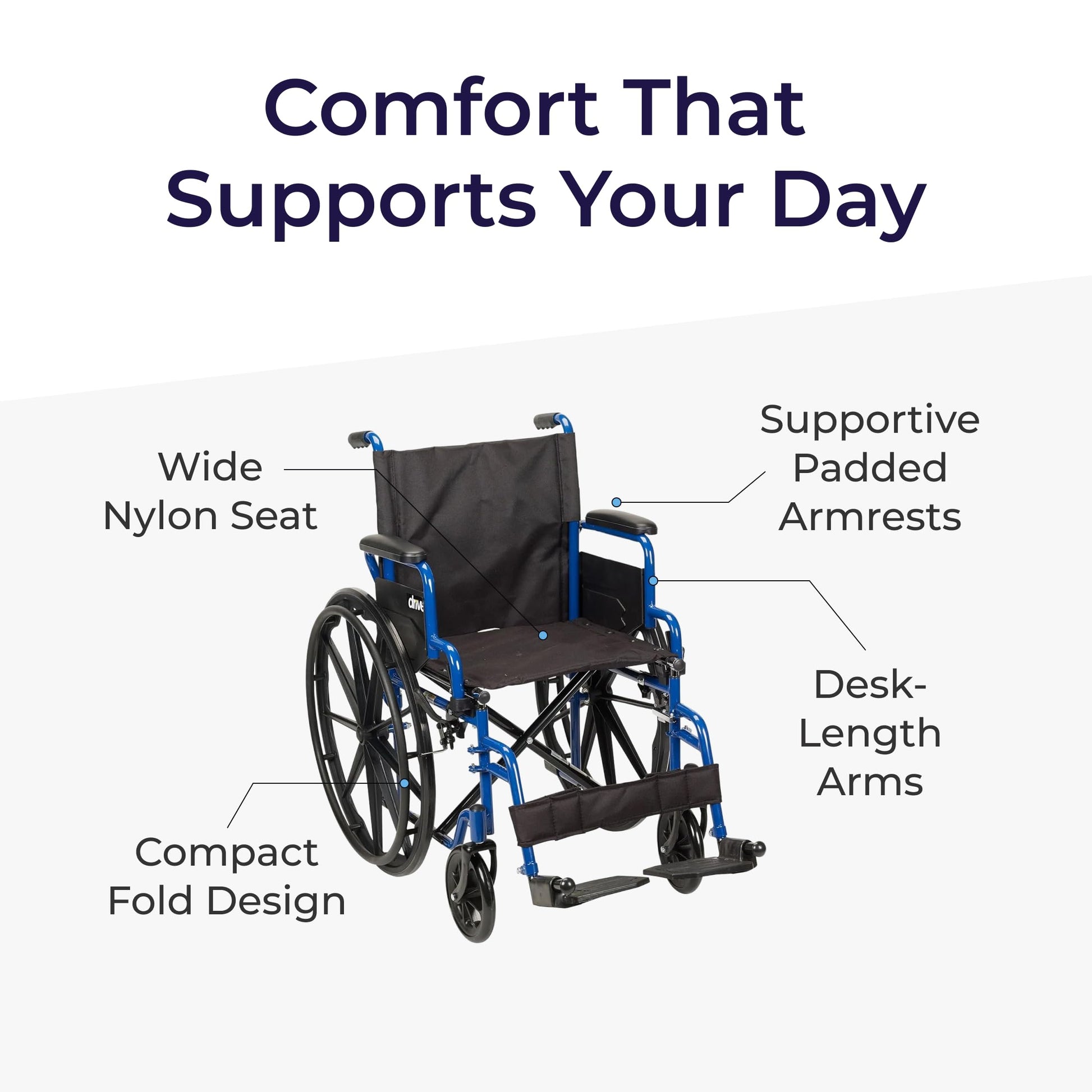 Drive Medical Single Axle Blue Streak Wheelchair, Flip Back Desk Arm, Swing Away Footrests, 18", 1 Count Drive Medical
