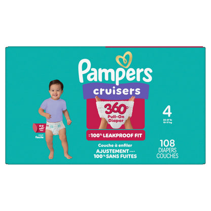 Pampers Diapers - Cruisers 360° - Size 4, up to 100% Leakproof Fit, Designed for Active Babies, Pull On Diaper, EZ Off Tabs Designed for Easy Changes, 1 Pack (Count of 108)