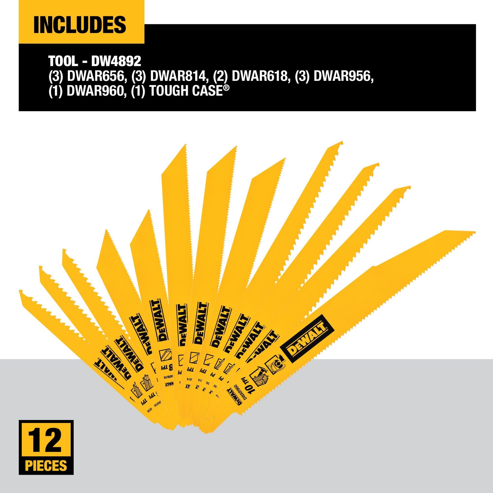 DEWALT Reciprocating Saw Blades, Bi-Metal Set with Case, 12-Piece (DW4892) - Available at All In One Marketplace Canada