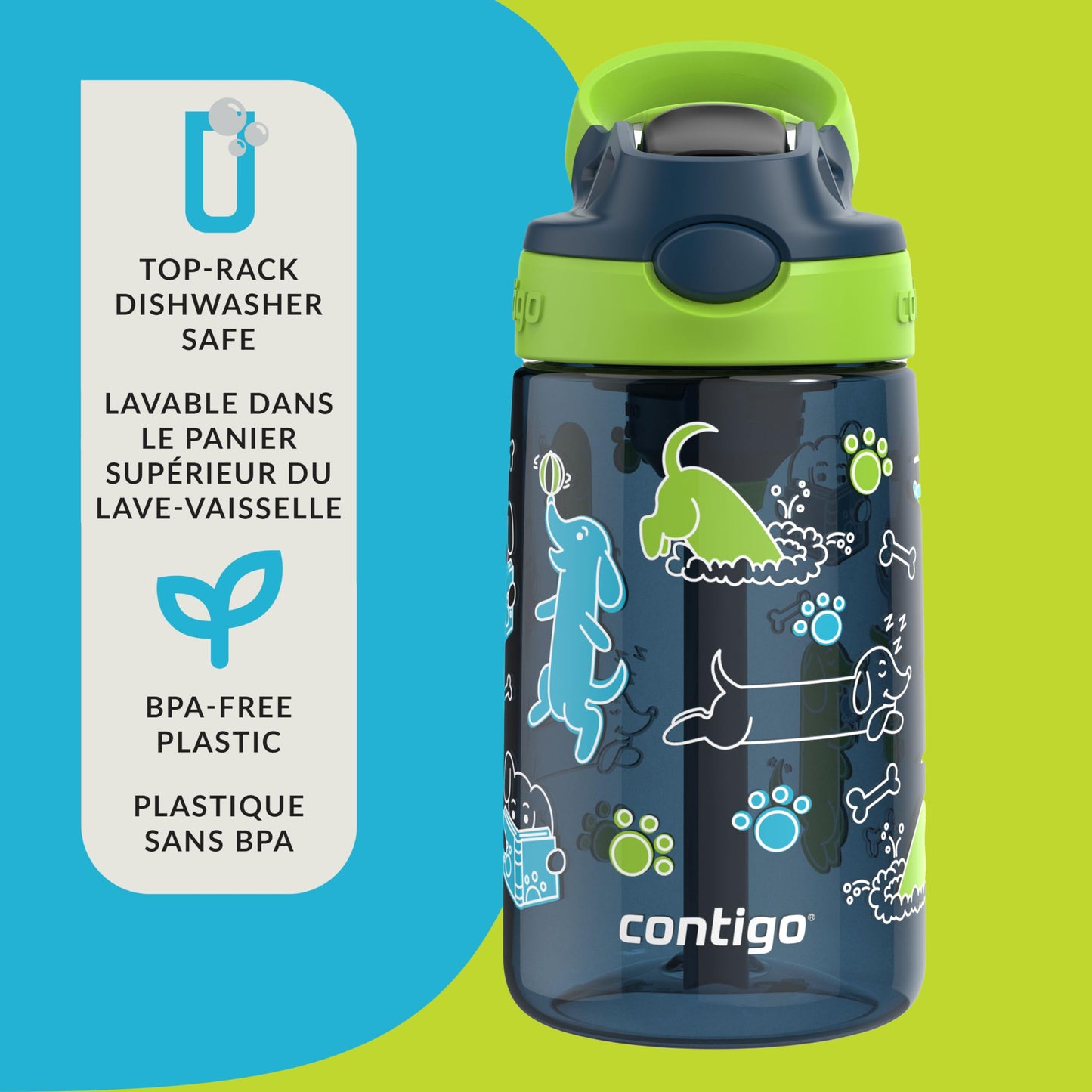 Contigo Kids Aubrey Straw Water Bottle with Leak-Proof Lid, BPA-Free Plastic, Dishwasher Safe, Lime with Dogs, 14 oz (414 mL)