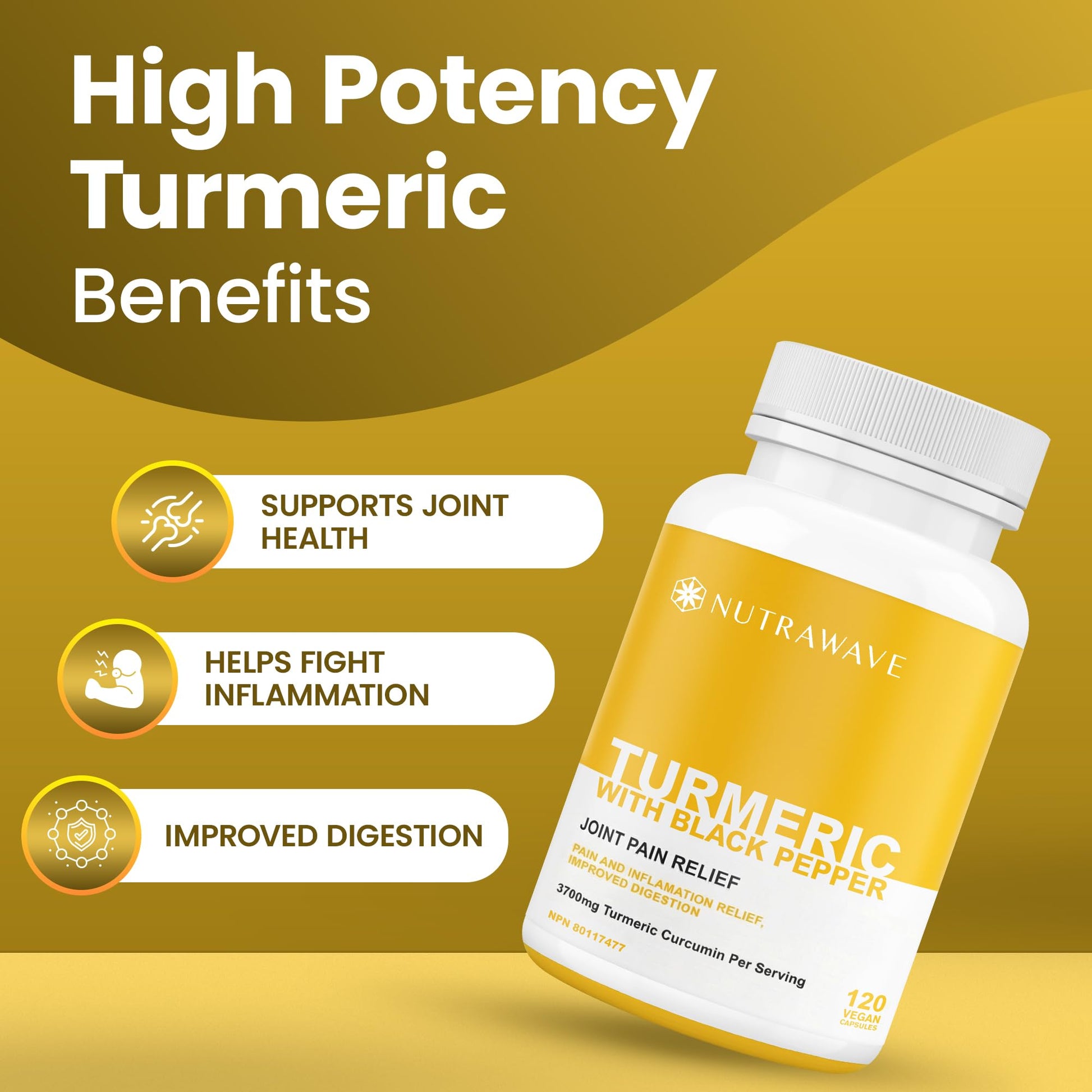 Nutrawave HIGH POTENCY TURMERIC CURCUMIN + BLACK PEPPER EXTRACT – Powerful 3700mg per Serving (2 capsules), Source of Anti-Inflammatory and Antioxidants. Joint Pain Relief, Improved Liver Function. Non-GMO, Vegan, Gluten Free. Zero Additives, Easy to Swal - Available at All In One Marketplace Canada
