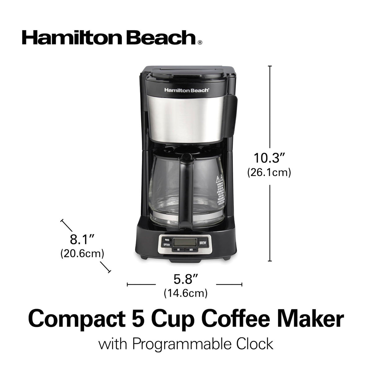 Hamilton Beach 5 Cup Compact Programmable Coffee Maker, FrontFill Water Reservoir, Small Drip Coffee Maker with Glass Carafe, Auto Pause & Pour, Space-Saving Design, Black & Stainless Steel (46111)