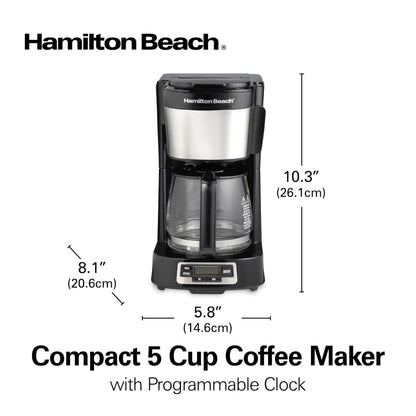 Hamilton Beach 5 Cup Compact Programmable Coffee Maker, FrontFill Water Reservoir, Small Drip Coffee Maker with Glass Carafe, Auto Pause & Pour, Space-Saving Design, Black & Stainless Steel (46111)