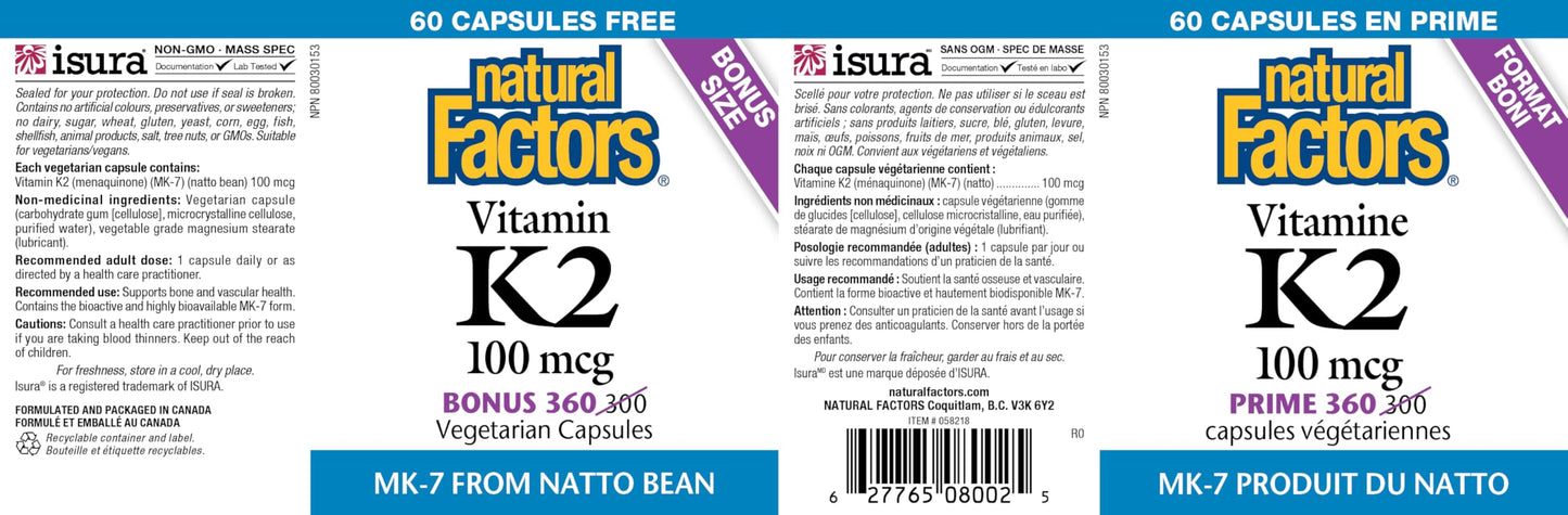 Natural Factors K2 Vitamin Supplement 100 mcg, VALUE SIZE, 360 Vegetarian Capsules, MK-7 from Natto Bean, Helps Support Bones, Vegan, Non-GMO, Proudly Canadian - Available at All In One Marketplace Canada