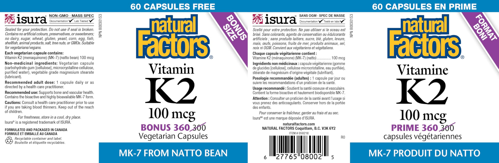 Natural Factors K2 Vitamin Supplement 100 mcg, VALUE SIZE, 360 Vegetarian Capsules, MK-7 from Natto Bean, Helps Support Bones, Vegan, Non-GMO, Proudly Canadian - Available at All In One Marketplace Canada