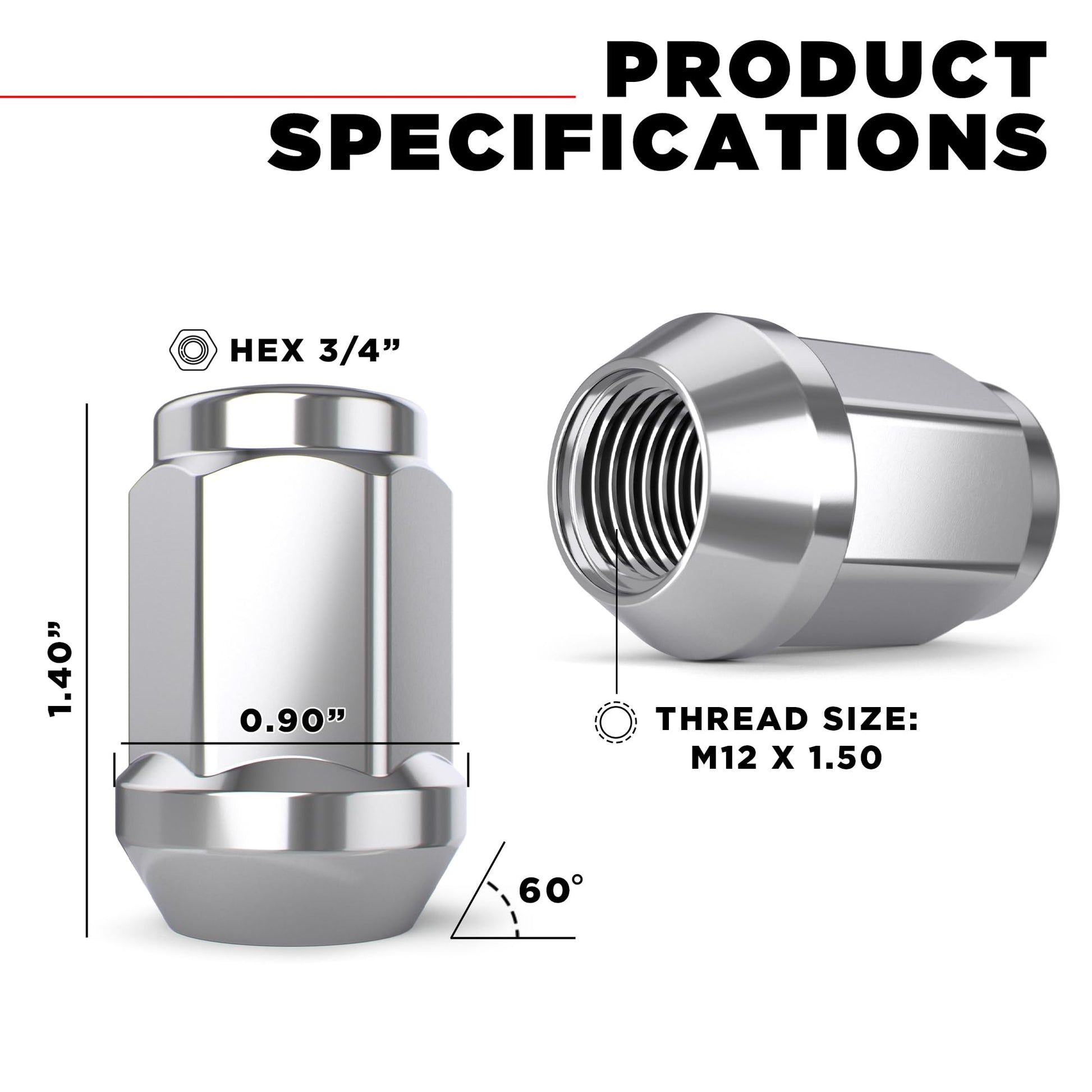 White Knight M12x1.50 Solid Piece Bulge Acorn Lug Nuts (NO Cap) for Select Aftermarket & Factory Wheels, EZ to Install, Durable Carbon Steel, Stylish Triple Layer Chrome Finish - 1907S-20AM (20 Pack) White Knight