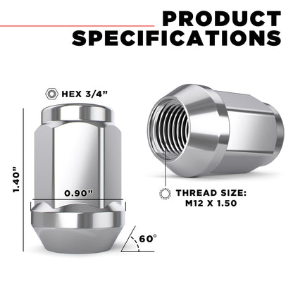 White Knight M12x1.50 Solid Piece Bulge Acorn Lug Nuts (NO Cap) for Select Aftermarket & Factory Wheels, EZ to Install, Durable Carbon Steel, Stylish Triple Layer Chrome Finish - 1907S-20AM (20 Pack) White Knight