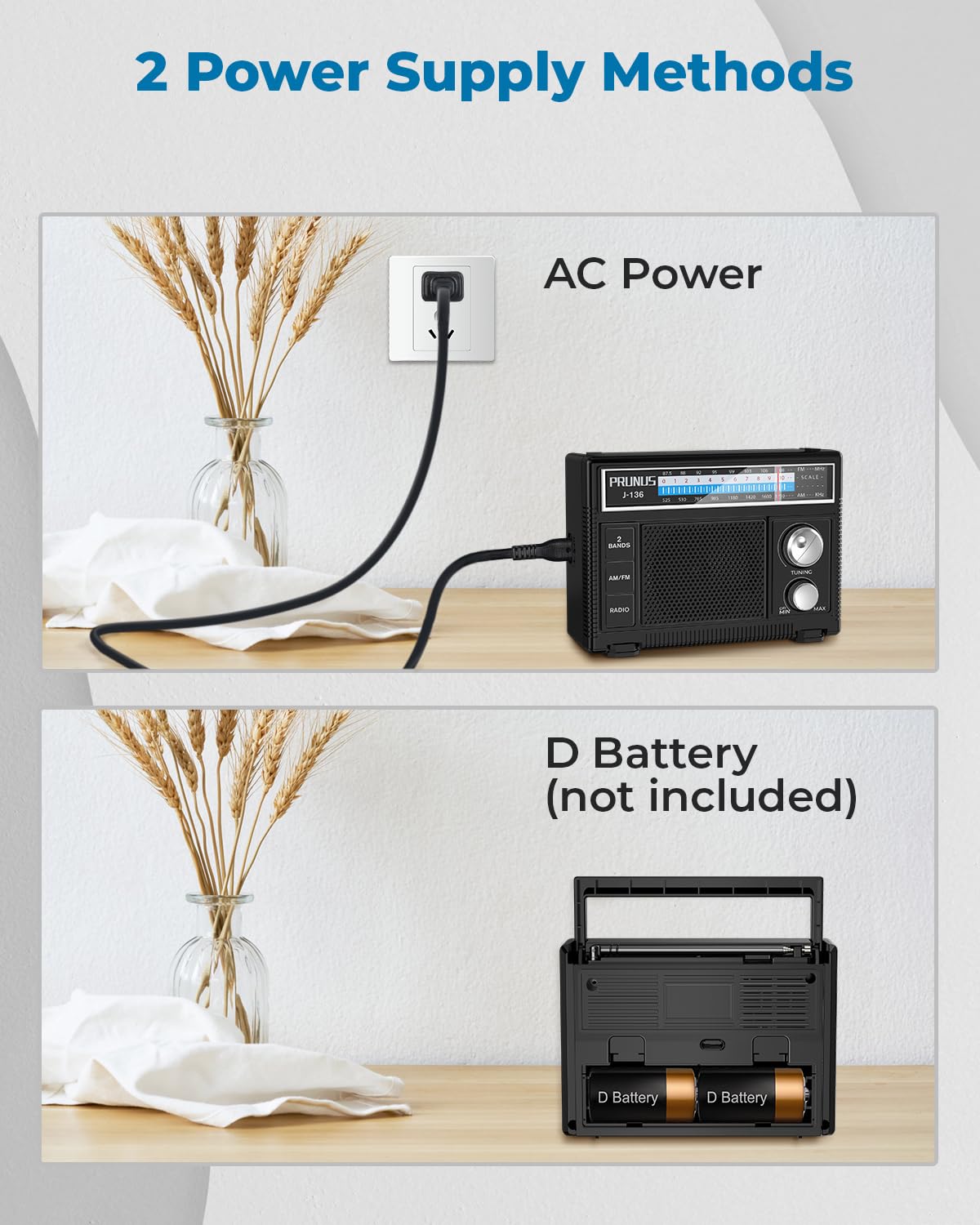 PRUNUS Portable Radio AM FM, Transistor Radio Battery Operated and Plug in Wall,Loud Speaker Support AUX in and Micphone in, Small Radios Portable AM FM J-136 - Available at All In One Marketplace Canada