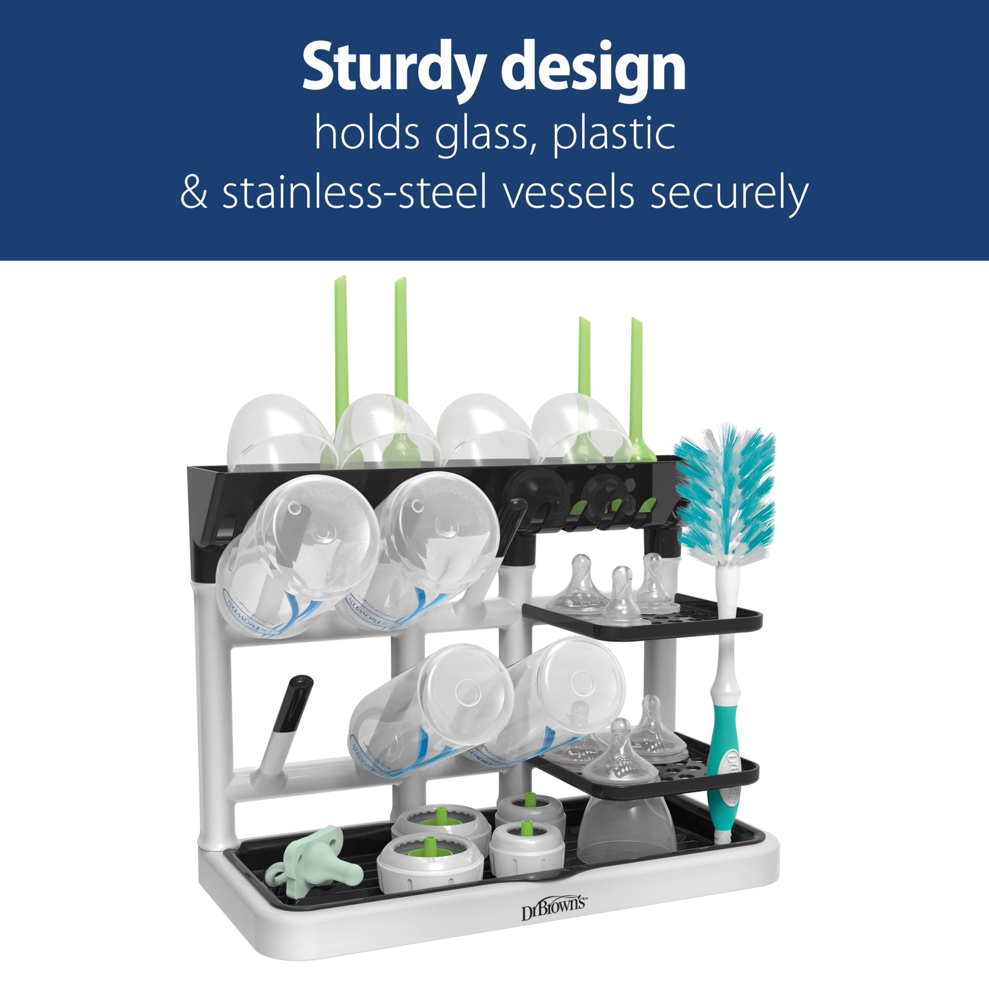 Dr. Brown’s™ Drying Tower, Stand-Up Drying Rack, Countertop Baby Bottle Drying with Organized Storage for Baby Essentials, Space Saving Vertical Rack