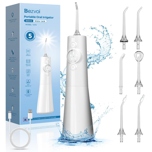 Bezvoi Water Flosser for Teeth, 300ML Tank & LED Display 5 Modes Oral Irrigator with 6 Jet Tips, 2000mAh Rechargeable Cordless Water Floss, IPX7 Waterproof Water Tooth Flossing for Home Travel, White - Available at All In One Marketplace Canada