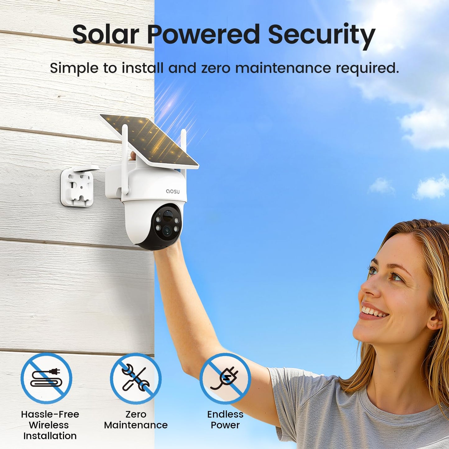 AOSU Security Cameras Outdoor Wireless, 2 Cam-Kit, No Subscription Required, Solar-Powered, Home Security Cameras System with 360° Pan & Tilt, Auto Tracking, 2K Color Night Vision, Easy Setup