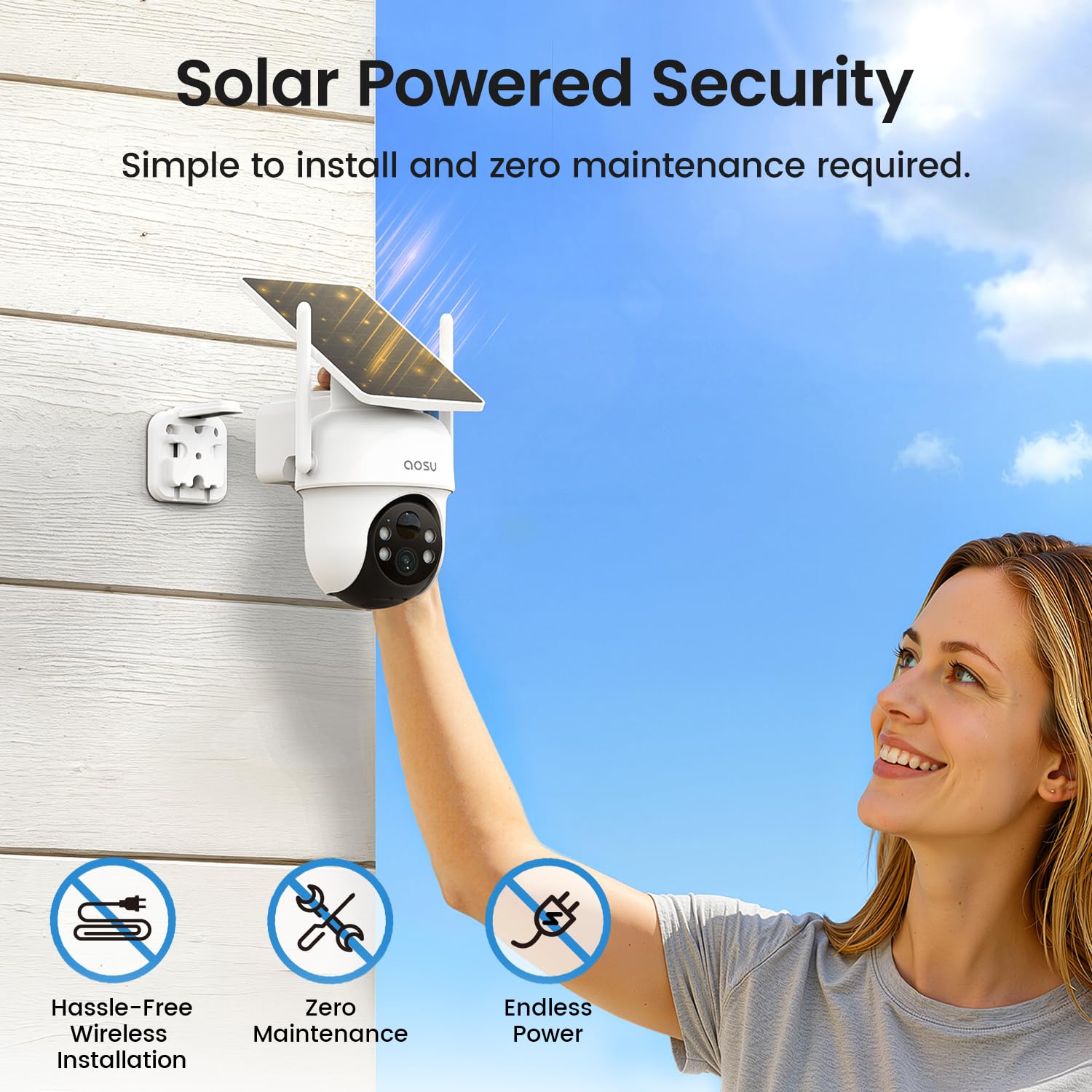 AOSU Security Cameras Outdoor Wireless, 2 Cam-Kit, No Subscription Required, Solar-Powered, Home Security Cameras System with 360° Pan & Tilt, Auto Tracking, 2K Color Night Vision, Easy Setup