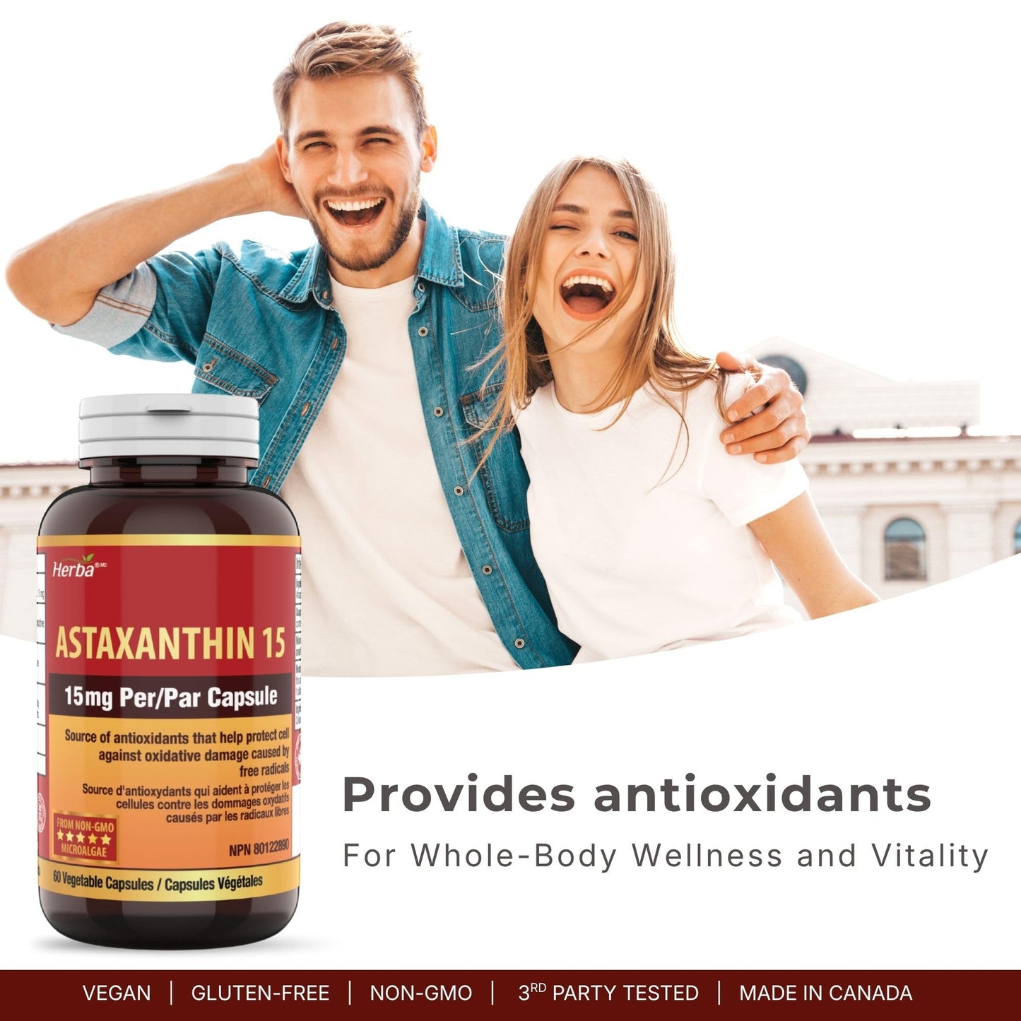 Herba Astaxanthin Supplement 15mg – 60 Vegan Capsules | Made with Non-GMO Micro-algae | Source of Antioxidant | Made and Third Party Tested in Canada - Available at All In One Marketplace Canada