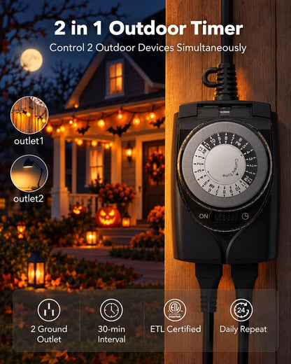 HBN Outdoor Timer Outlet,24 Hour Mechanical Timer,2 Grounded Outlets,1/2HP 🍁 All In One Marketplace Canada