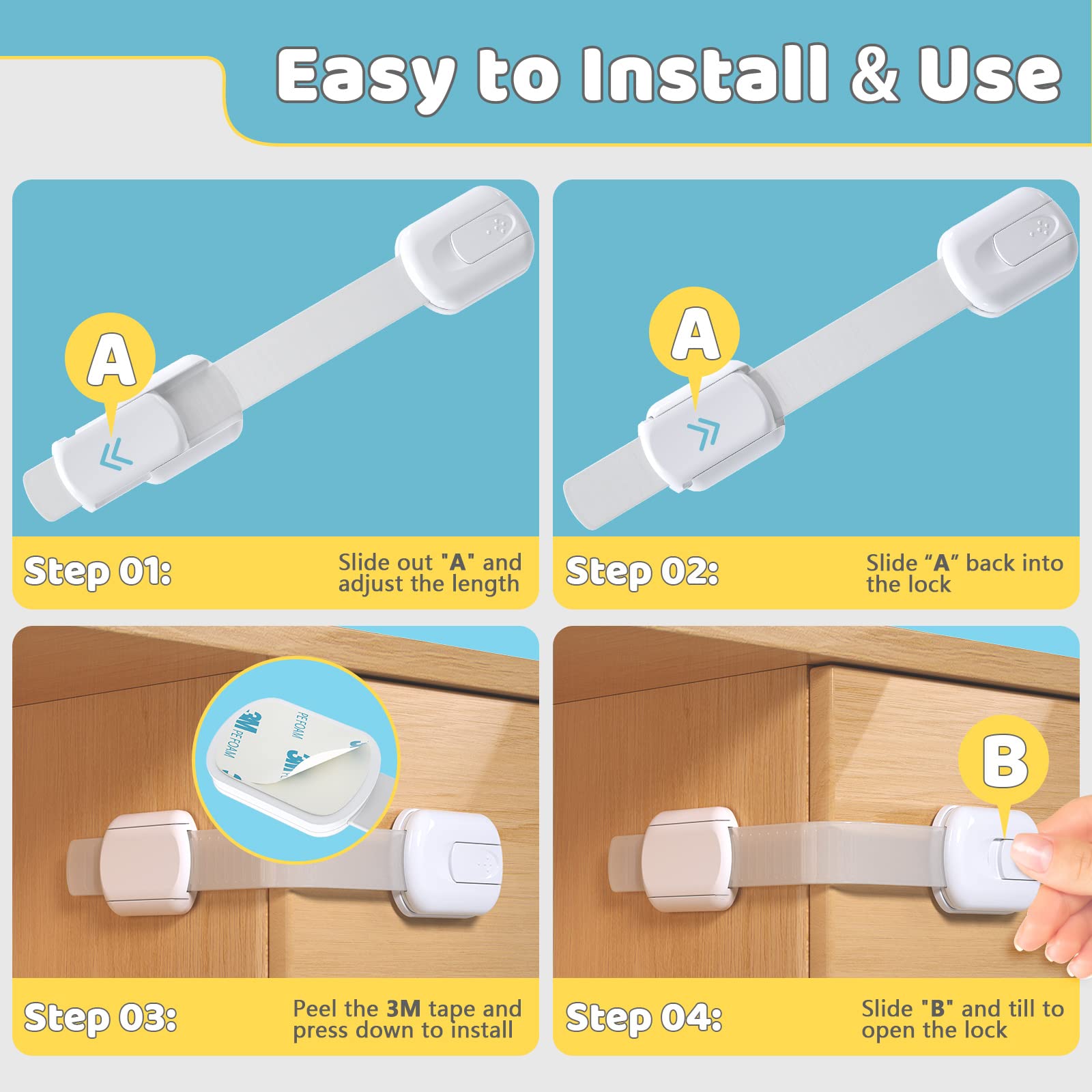 4our Kiddies 14 Pack Baby Proof Cabinet Latches, Childproof Drawer Latches with 12 Extra 3M Adhesives, Adjustable No Drilling Child Safety Cabinet Strap Locks, Baby Drawer Locks for Kids Baby Safety