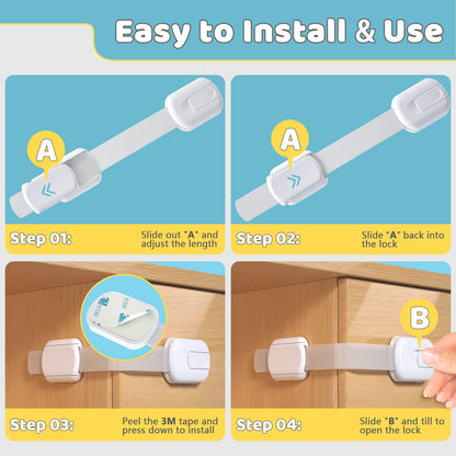 4our Kiddies 14 Pack Baby Proof Cabinet Latches, Childproof Drawer Latches with 12 Extra 3M Adhesives, Adjustable No Drilling Child Safety Cabinet Strap Locks, Baby Drawer Locks for Kids Baby Safety