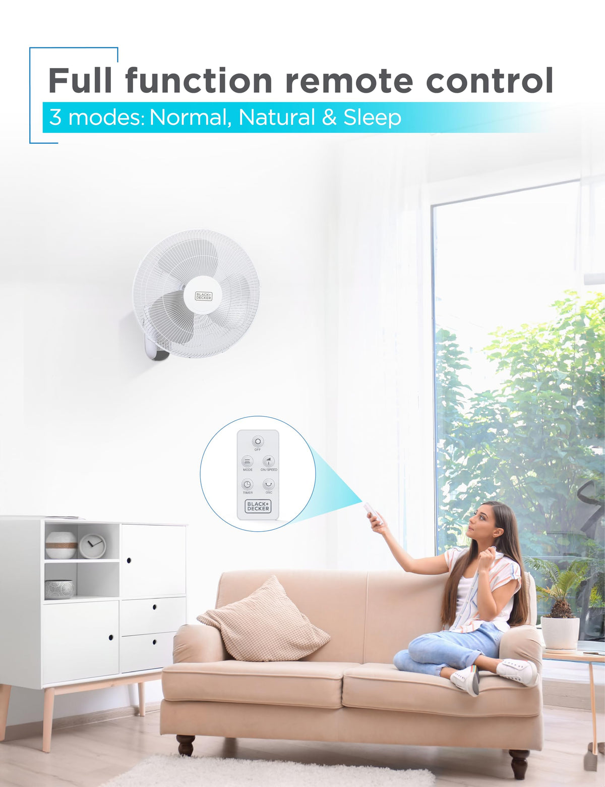 BLACK+DECKER 16" Wall Mount Fan With Remote Control, Oscillating With 3 Speed Settings and Shut Off Timer, Adjustable Tilt Angle, White