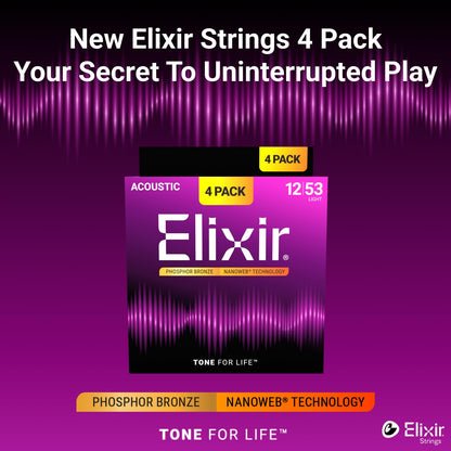 Elixir Strings, Acoustic Guitar Strings, Phosphor Bronze with NANOWEB Technology, Longest-Lasting Rich and Full Tone with Comfortable Feel, 4 Pack, Light 12-53 🍁 All In One Marketplace Canada