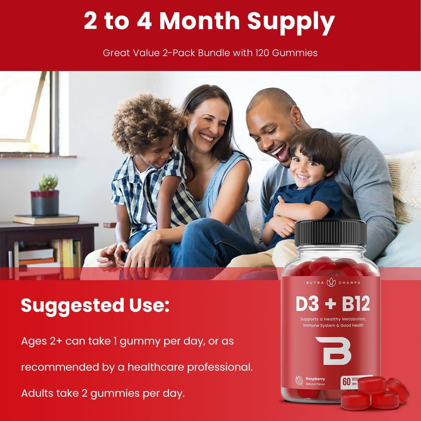 Vitamin D3 1000 IU + B12 1000mcg Per Serving | Chewable Vitamins B & D Gummies for Adults, Kids, Women & Men | Enhanced With Folate for Energy & Immunity | 120 Gummies - Available at All In One Marketplace Canada