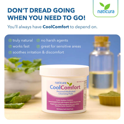 CoolComfort Personal Cleansing Pads with Organic Witch Hazel and Aloe Vera - All Natural and Fast Acting Wipes for Hemorrhoid Burning, Itching, Pain and Swelling - 100 Pads - No Parabens - Available at All In One Marketplace Canada