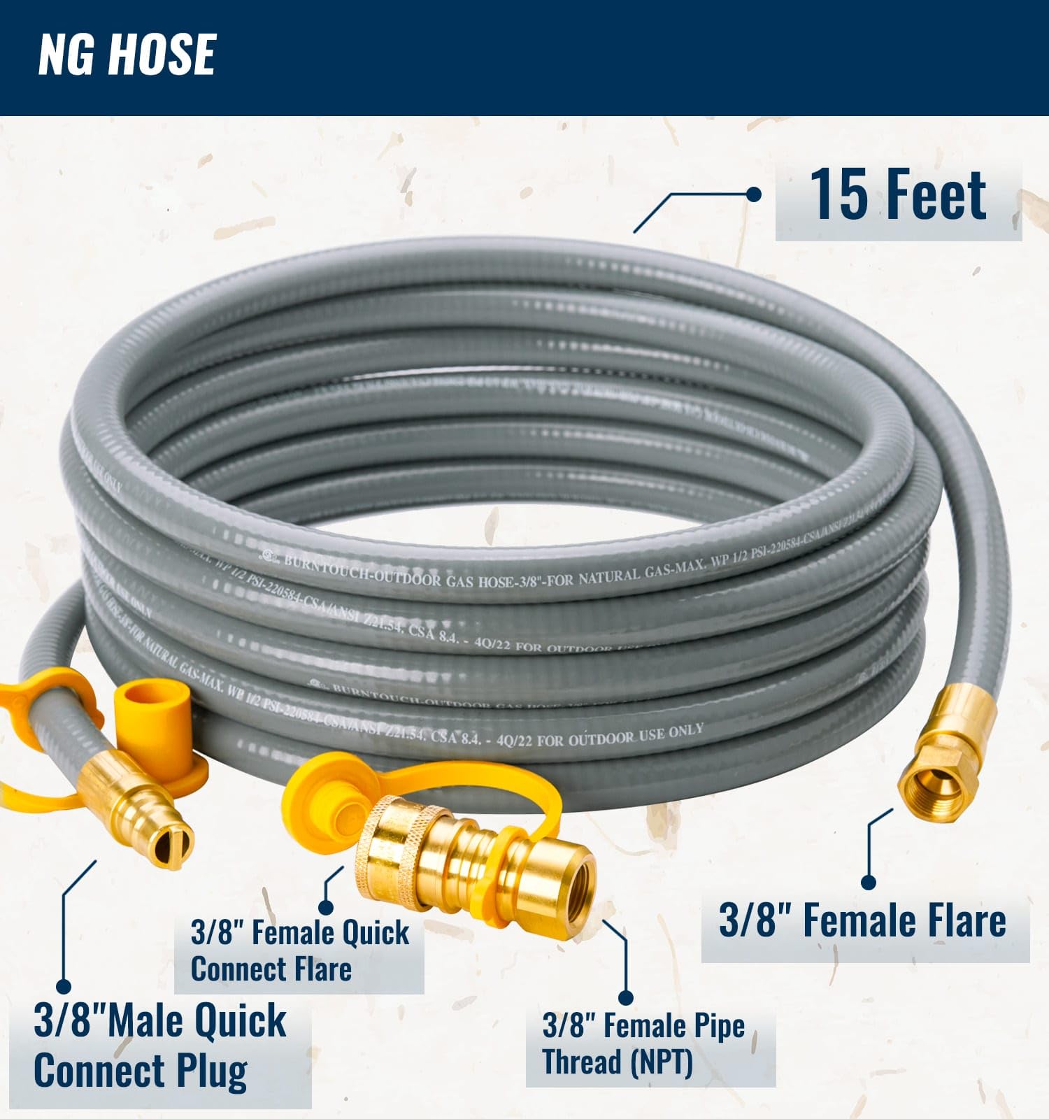 CALPOSE 15 Feet 3/8 inch ID Natural Gas Grill Hose with Quick Connect Fittings, Natural Gas Line for Grill, Pizza Oven, Heater and More Low Pressure Appliance - Available at All In One Marketplace Canada