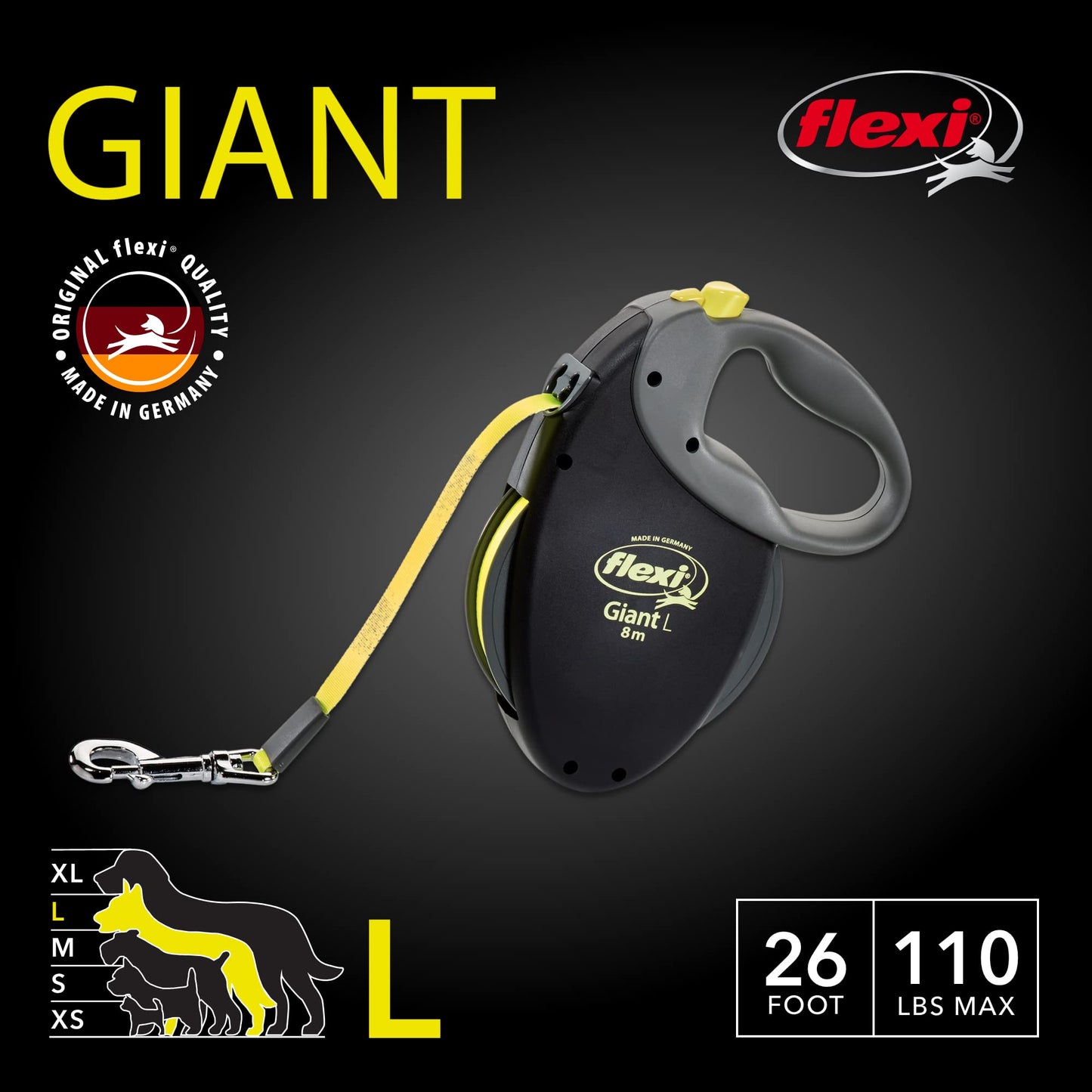 FLEXI® Giant Tape Retractable Dog Leash, Large, 26 ft - Black FLEXI