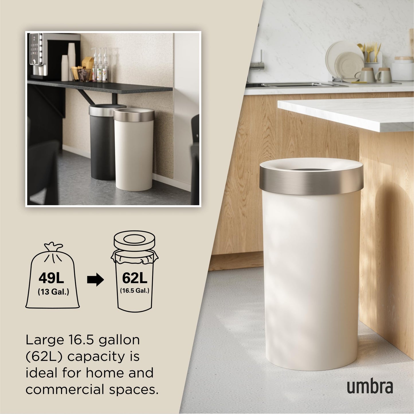 Umbra Vento Kitchen Trash Can – Large 16 Gal (62 L) Open Top Garbage Can for Home & Office – Modern Clean Design, Sand/Nickel Umbra