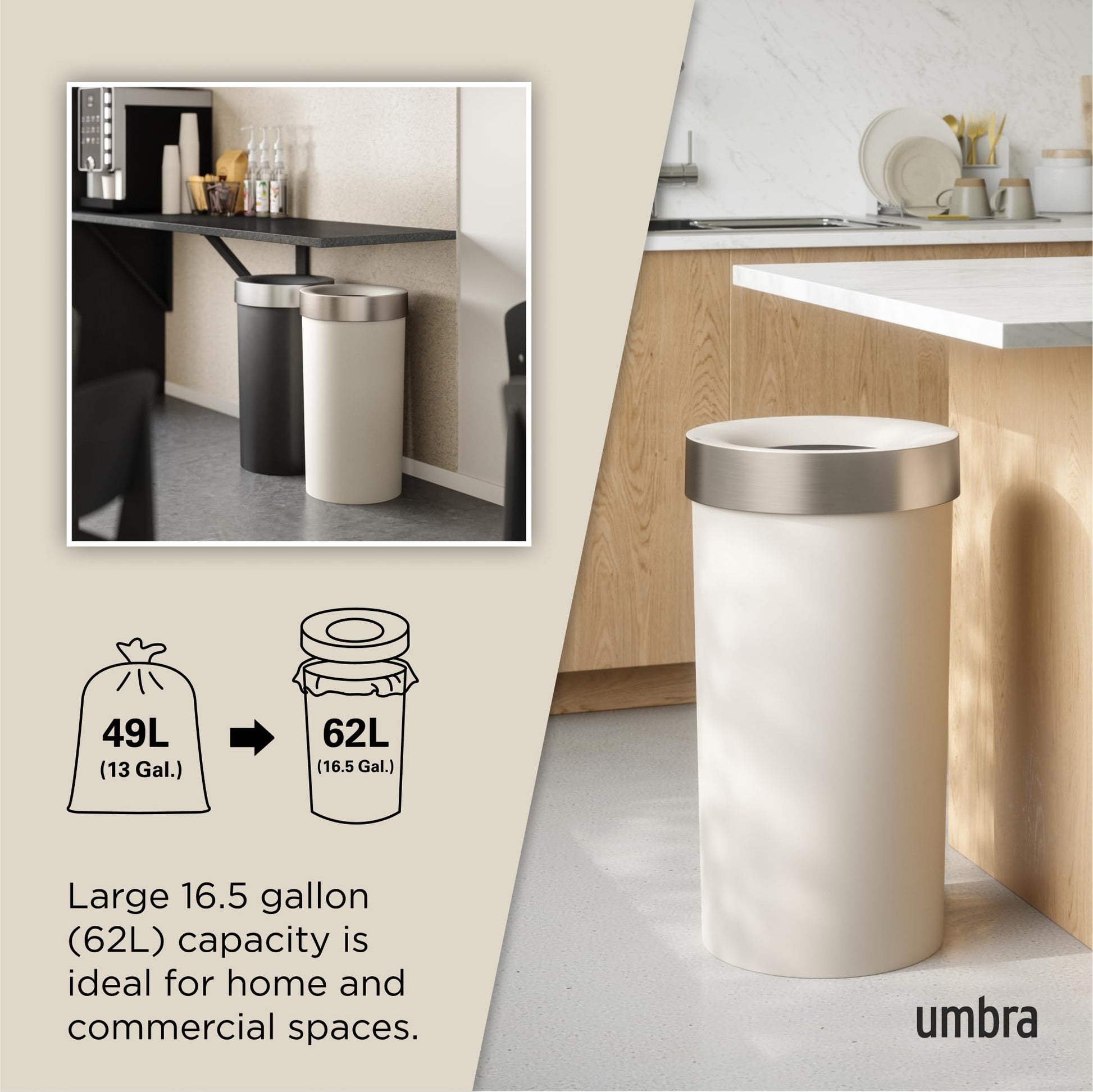 Umbra Vento Kitchen Trash Can – Large 16 Gal (62 L) Open Top Garbage Can for Home & Office – Modern Clean Design, Sand/Nickel Umbra