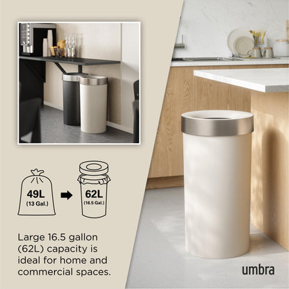 Umbra Vento Kitchen Trash Can – Large 16 Gal (62 L) Open Top Garbage Can for Home & Office – Modern Clean Design, Sand/Nickel Umbra
