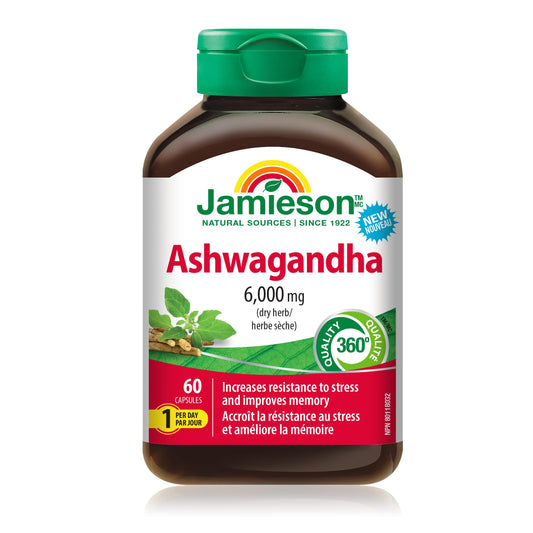 Jamieson High-Potency Ashwagandha 6,000 mg, Increases Resistance to Stress, Adaptogen, and Enhances Memory. Non-GMO, Vegetarian, Gluten-Free, Only One Per Day, 60 Capsules - Available at All In One Marketplace Canada