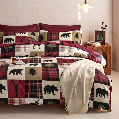 Wake In Cloud - Rustic Duvet Cover Set, Camping Christmas Farmhouse Western Patchwork Plaid Holiday Lodge Cabin RV Outdoor Wildlife Theme Bedding, 3-Piece, Burgundy Black, Queen Size 🍁 All In One Marketplace Canada