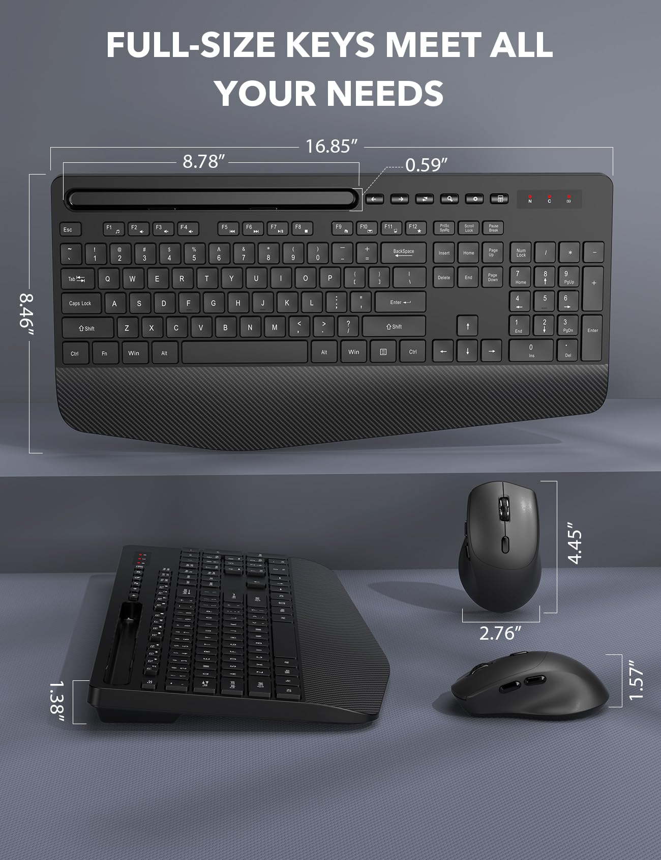 Wireless Keyboard and Mouse Combo - Full-Sized Ergonomic Keyboard with Wrist Rest, Phone Holder, Silent 2.4GHz Cordless Keyboard Mouse for Computer, Laptop, PC, Mac, Windows (Black, 1 Pack)