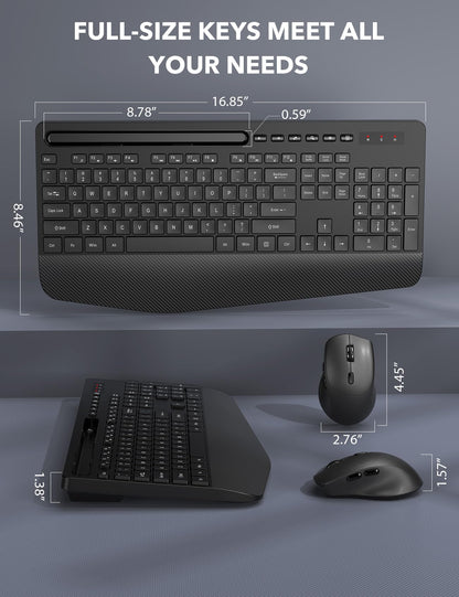 Wireless Keyboard and Mouse Combo - Full-Sized Ergonomic Keyboard with Wrist Rest, Phone Holder, Silent 2.4GHz Cordless Keyboard Mouse for Computer, Laptop, PC, Mac, Windows (Black, 1 Pack)