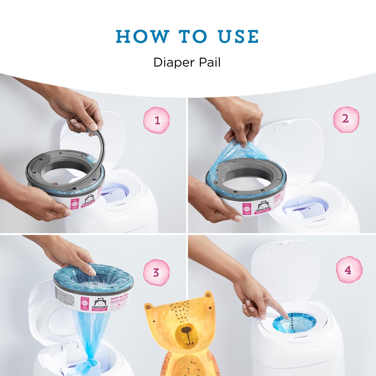 Amazon Brand - Mama Bear Blossoms Scented Diaper Pail Refills for Diaper Genie Pails, Odor Control, 2160 Count (8 Packs of 270 Count) | Compatible with Diaper Genie Complete, Elite & Expressions Pails