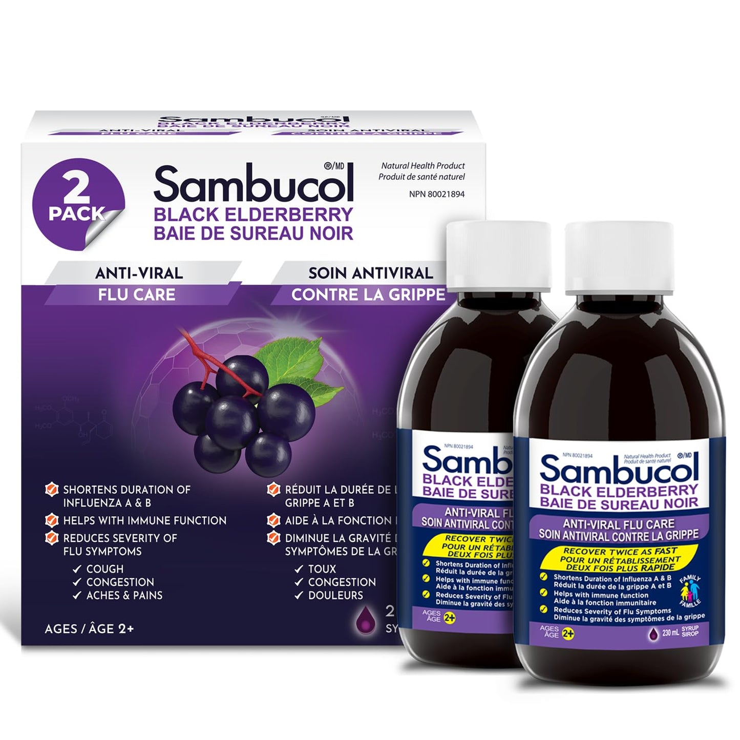 Sambucol Black Elderberry Anti-Viral Flu Care | Quickly Relieves Cold & Flu Symptoms | Immune Support & Antioxidant | Ideal for Families | Syrup, 230 mL | Pack of 2 Sambucol