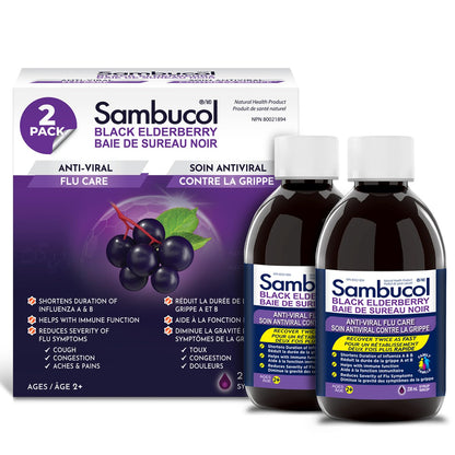 Sambucol Black Elderberry Anti-Viral Flu Care | Quickly Relieves Cold & Flu Symptoms | Immune Support & Antioxidant | Ideal for Families | Syrup, 230 mL | Pack of 2 Sambucol