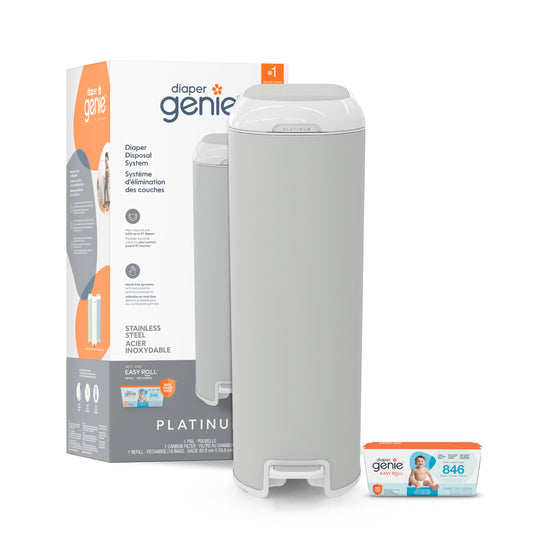 Diaper Genie Platinum Diaper Pail, Stone Grey - Made in Durable Stainless Steel and Includes 1 Easy Roll Refill with 18 Bags - Available at All In One Marketplace Canada