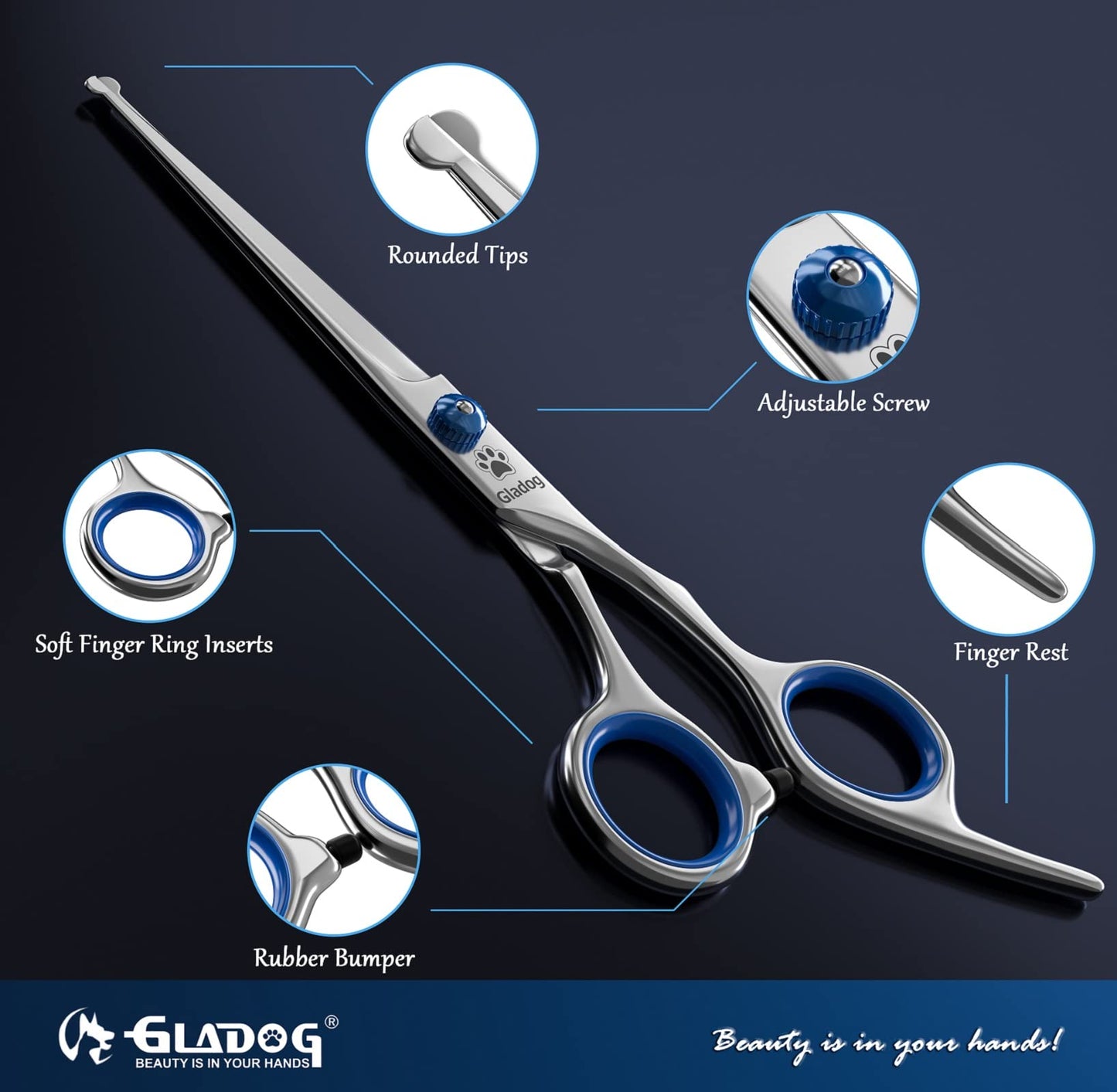 GLADOG Dog Grooming Scissors Kit with Safety Round Tips, Professional 6 in 1 Grooming Scissors for Dogs, Sharp and Durable Dog Shears for Dogs Cats Pets