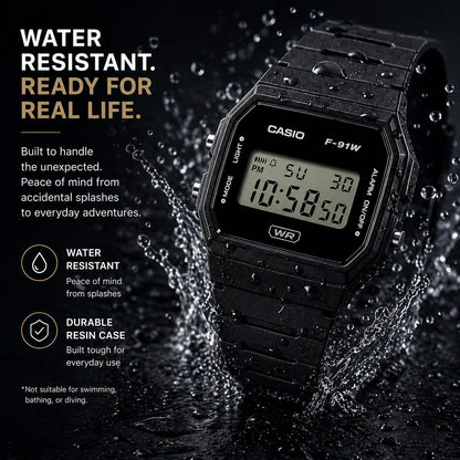 Casio F-91WB Series | Men's Digital Watch | Environmentally Friendly Bio-Based Resin | Alarm | Date Indicator | 7-Year Battery, Black