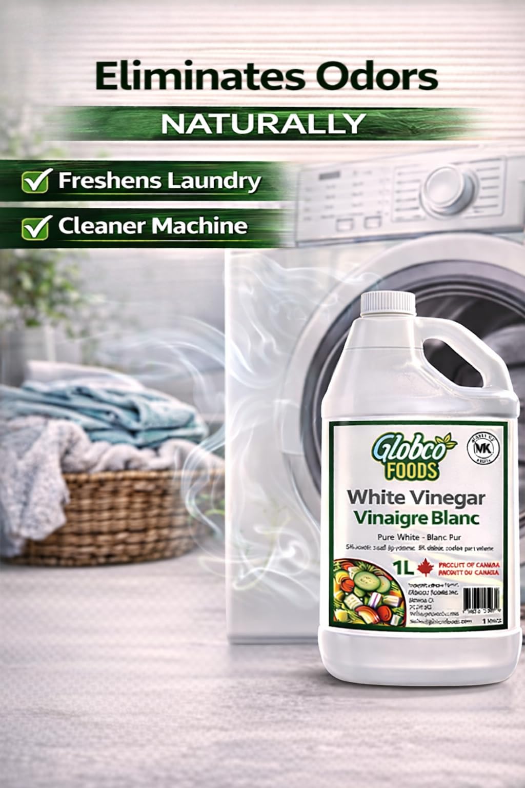 Globco Foods Pure White Vinegar 1L - Allergen-Free & Gluten-Free - No Additives - Ideal for Cooking & Cleaning - Multi-Purpose Cleaner for Kitchen, Bathroom & Laundry - Premium Quality- Made in Canada - Available at All In One Marketplace Canada
