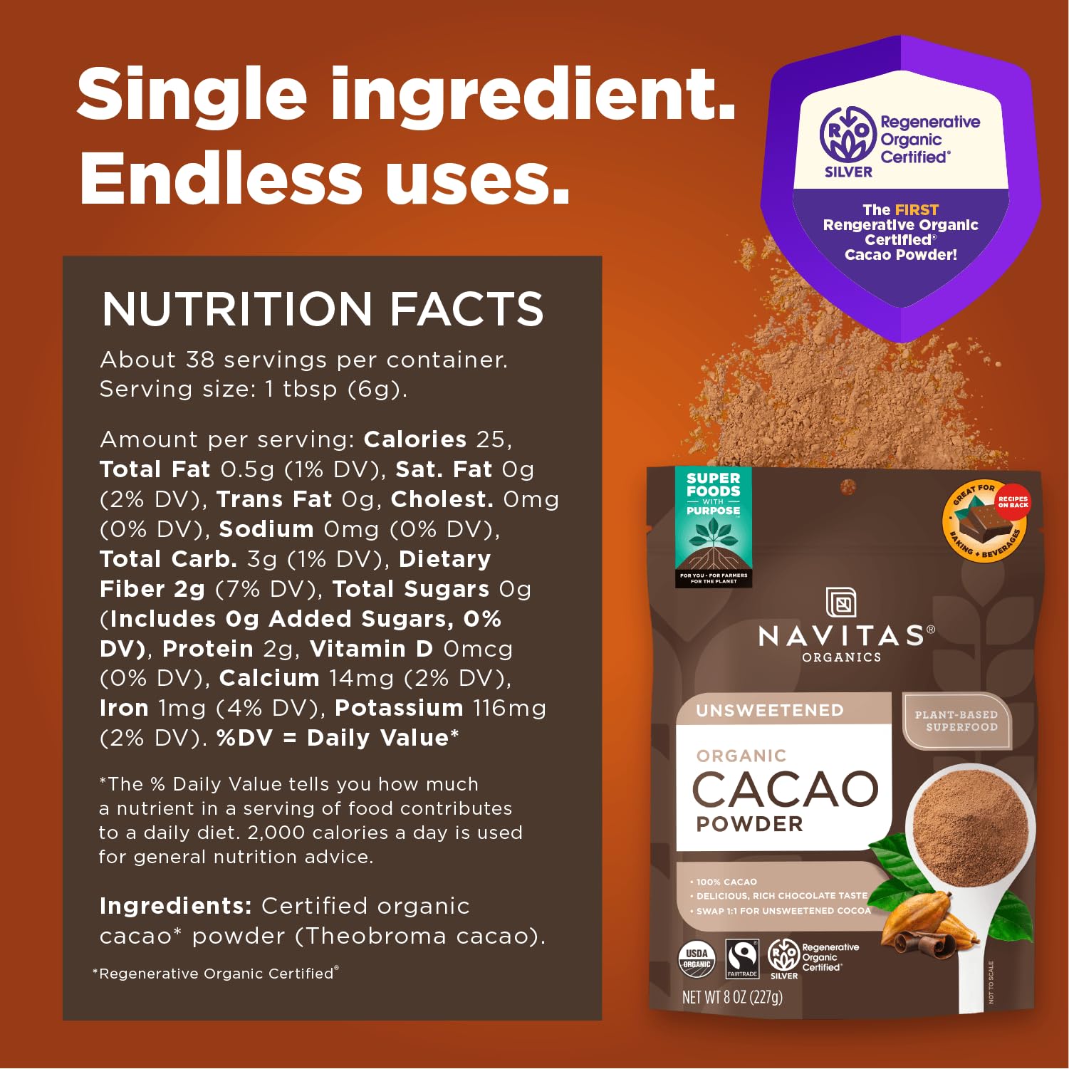 Navitas Organics Cacao Powder, 8oz. Pouch(packaging may vary)